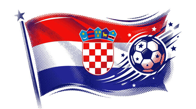 Waving croatian flag with soccer ball in halftone graphic style