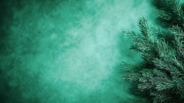 Close-up of lush green pine tree branches with needles on a soft textured turquoise background for holiday decor