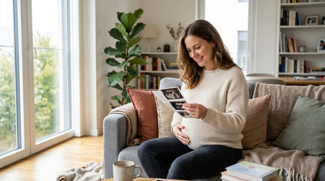 Pregnant Woman Looking at Ultrasound Photos on Sofa at Home