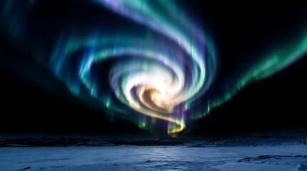 Vibrant aurora borealis swirling in a brilliant spiral pattern across the dark night sky above a cold snowy arctic landscape captured with artistic long exposure photography © Graphixa
