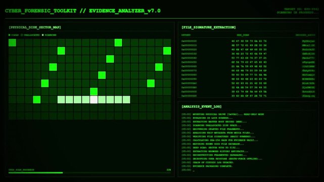 Cyber Forensic Toolkit Evidence Analyzer Disk Sector Dashboard Animation Green Loop.