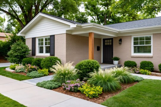 Modern house exterior with updated landscaping and front yard