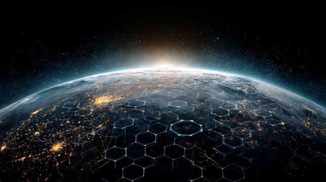 Top-down view of planet earth with glowing hexagonal network illustrating global digital connectivity, worldwide data exchange, cloud computing, artificial intelligence, internet infrastructure, satel