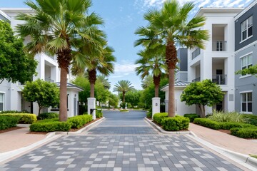 Obraz premium Modern apartment complex entrance with palm trees