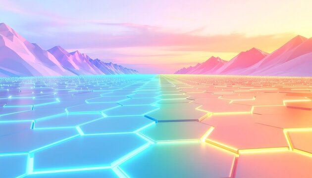 Futuristic Hexagonal Grid Landscape at Sunset.