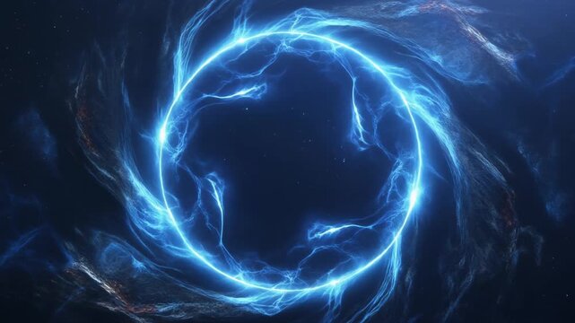 Blue energy portal with expanding circular rings in deep space