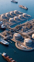 Obraz premium Aerial View of a Large Industrial Port with Tank Farm, Ships, and Pipelines