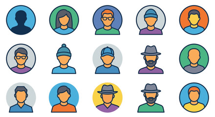 Fototapeta premium Creative Set of 15 Colorful and Stylish Flat Design Icons of Diverse People with Unique Headwear and Accessories