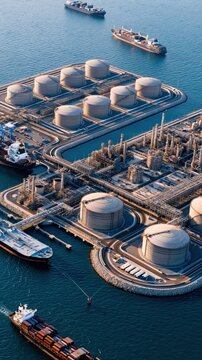 Aerial View of a Large Industrial Port with Tank Farm, Ships, and Pipelines