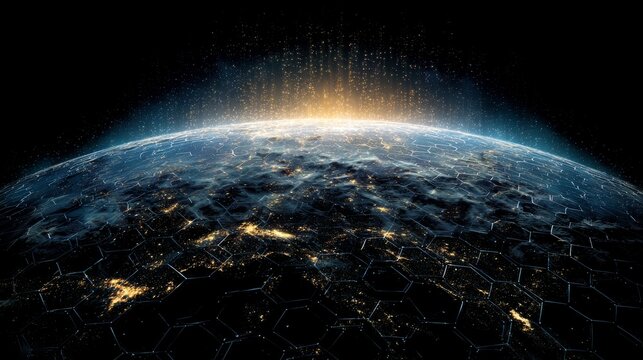 Top-down view of planet earth with glowing hexagonal network grid illustrating global digital connectivity, worldwide data exchange, cloud computing infrastructure, artificial intelligence communicati