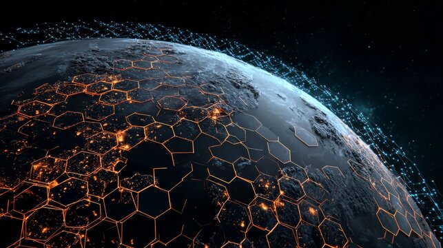 Top-down view of earth with glowing hexagonal network grid illustrating global digital connectivity, worldwide data exchange, artificial intelligence, cloud computing, communication technology, cybers