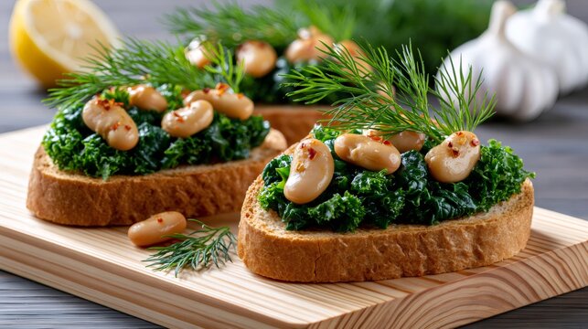 Bruschetta toast with kale and cannellini beans
