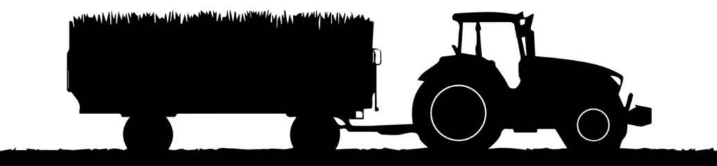 Black silhouette of a modern farm tractor pulling a full trailer on a field, panoramic vector illustration © Rezowan 