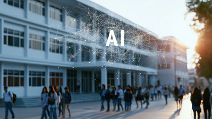 Obraz premium Students walking on a campus with a digital AI network overlay representing artificial intelligence in education.