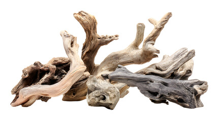 Fototapeta premium Driftwood pieces arranged in a natural weathered wood sculpture