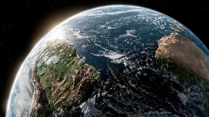 Fototapeta premium Majestic View of Earth from Space, Showing Continents, Oceans, and Sunrise Glow
