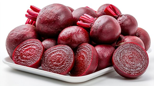 Fresh Whole and Halved Beets with Vibrant Red Pulp and Green Stems on White Plate
