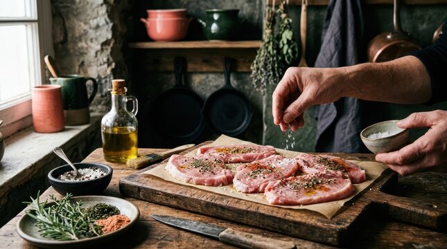Chef seasoning raw pork chops with herbs and spices on a rustic wooden cutting board