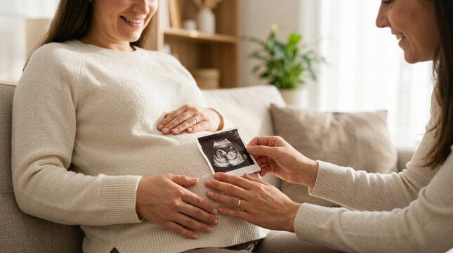 Pregnant woman and friend holding ultrasound photo of baby on belly