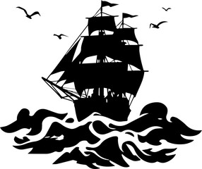 Black Silhouette of a Vintage Sailing Ship on Ocean Waves with Seagulls Vector Illustration © Rezowan 