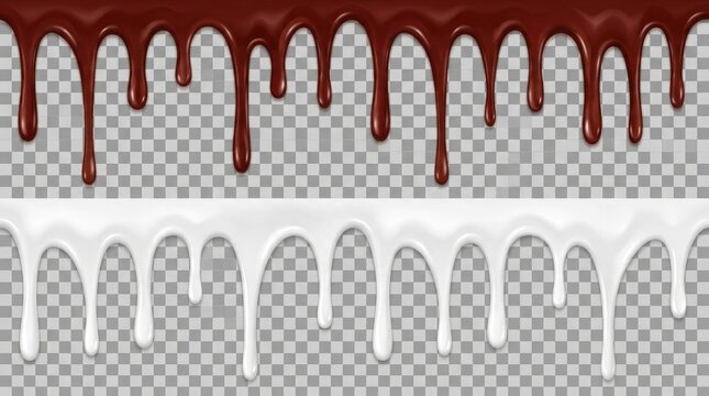 Realistic chocolate dripping effect seamless pattern with white glaze isolated on transparent background