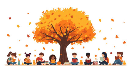 Back to school autumn season concept with multicultural kids reading under yellow maple foliage tree landscape vector background