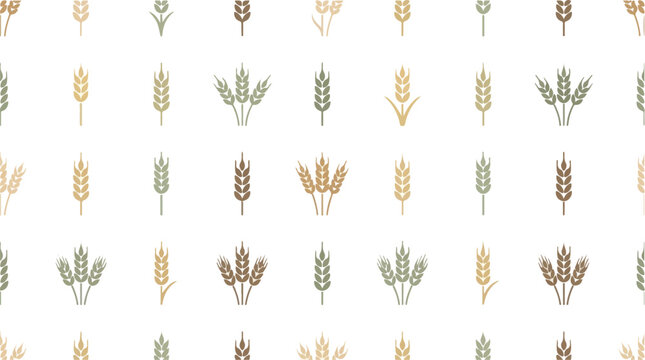 Pattern of various stylized wheat and barley illustrations arranged in a seamless repeating design for agricultural
