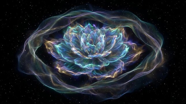 Abstract cosmic flower blooming in deep space featuring vibrant iridescent petals glowing with ethereal light against a dark starry backdrop created with digital art techniques rendered