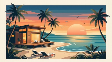 Obraz premium Tropical beachfront getaway with modern beach house and sunset