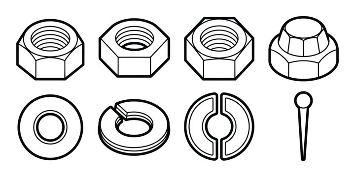 Fasteners and Hardware Components Icons Featuring Hex Nuts, Wing Nuts, Washers, and Cotter Pins for Engineering Applications