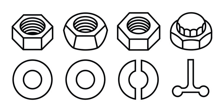 Fasteners and Hardware Components Icons Vector Illustration with Hex Nuts, Washers, Wing Nuts, and Cotter Pin Elements