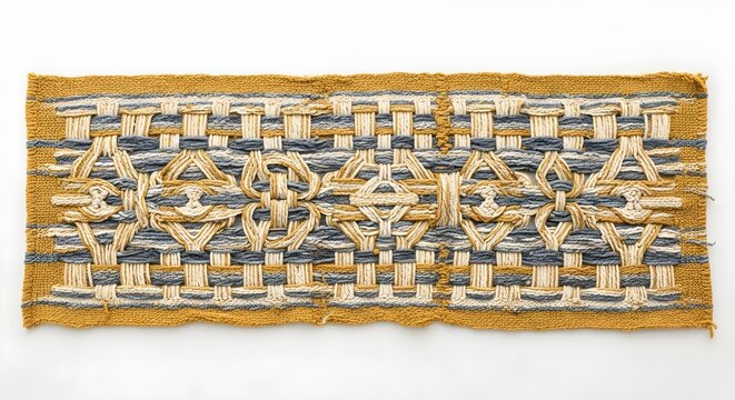 A woven textile band featuring intricate geometric patterns in beige and dark blue on a mustard yellow background.