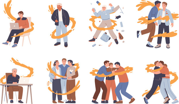 Workplace conflict and stress people vector set, office relationship problems, emotional pressure isolated graphic illustration