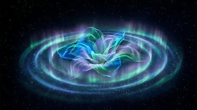 Radiant ethereal flower blooming amidst swirling cosmic energy waves with vibrant blue and green neon light particles set against a deep dark starry night space background