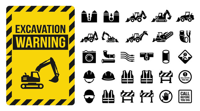 Industrial Excavation Safety Signage Set Featuring Heavy Construction Machinery and Protective Equipment Symbols