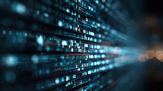Abstract digital stream of glowing blue data particles flowing rapidly through a dark futuristic network