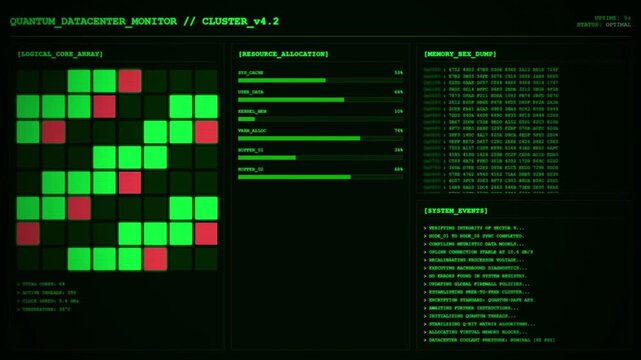 Quantum Datacenter Monitor Cluster Core Array Resource Allocation Dashboard Animation Green Loop.