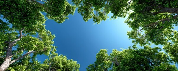 Fototapeta premium Looking Up Through Lush Green Trees Towards a Clear Blue Sky on a Sunny Day
