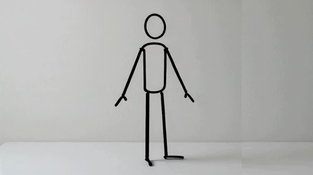 Clean minimalist stick figure animation of a human rotating body slowly, white background