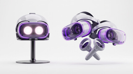 futuristic white and purple virtual reality headset set featuring floating motion controllers and goggles, ideal for gaming technology and immersive metaverse experiences on a white background. © Itx Musa
