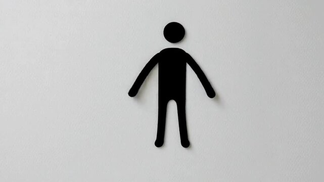 Clean minimalist stick figure animation of a human stretching arms, gentle motion, white background