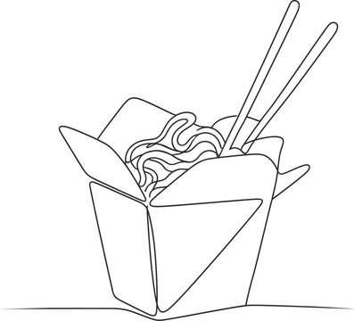 Minimalist Takeout Noodles Continuous One Line Art Food Illustration.