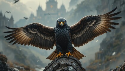 Obraz premium A majestic black bird with outstretched wings perches on a branch, set against a misty, gothic castle backdrop under a gloomy sky.