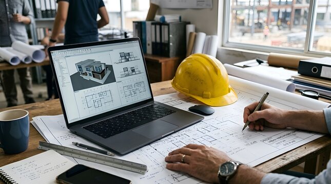 Architectural Design Process: Laptop with 3D Model, Blueprints, and Hand Drawing