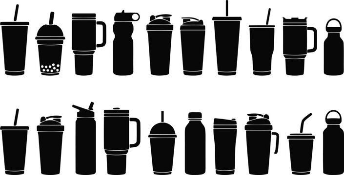 Collection of various black silhouettes of reusable cups and bottles