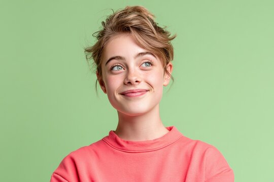 Young woman with tousled hair and bright eyes smiles softly, looking upwards with a thoughtful and optimistic expression, against a solid green background