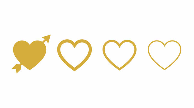 Set of heart vector icons isolated on white background. Vector illustration. Gold flat design.