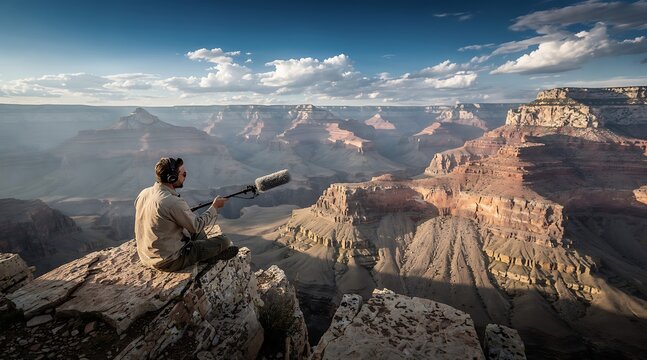 Audio Recordist Capturing Ambient Sound at the Edge of the Grand Canyon.