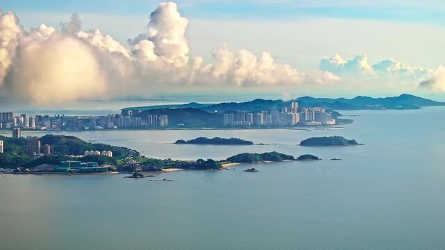 Aerial view of scenic coastal islands and modern cityscape in Zhuhai, China