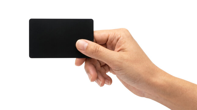 A realistic photograph of a hand holding a blank black card, isolated on transparent background. Premium mockup of an empty plastic credit card presented by human hand,png.